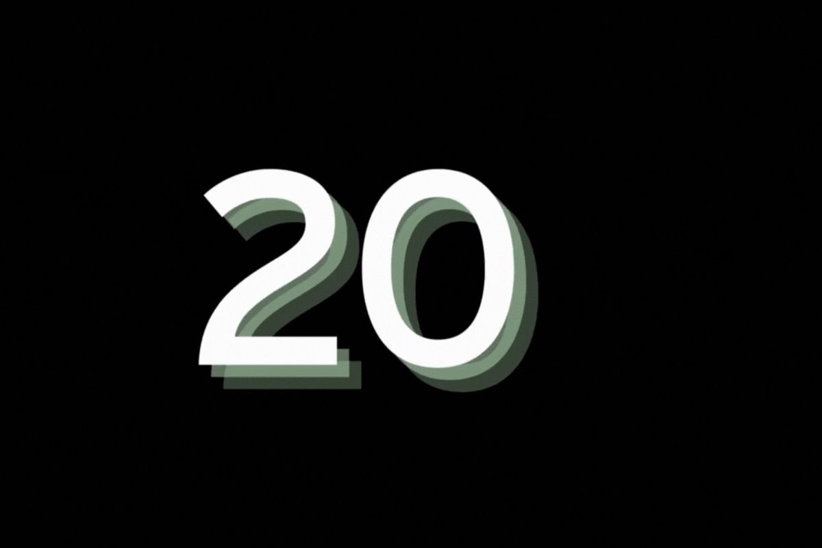 A GIF with large words “Now we are 20 autumn programme” in green and white lettering on a black background.