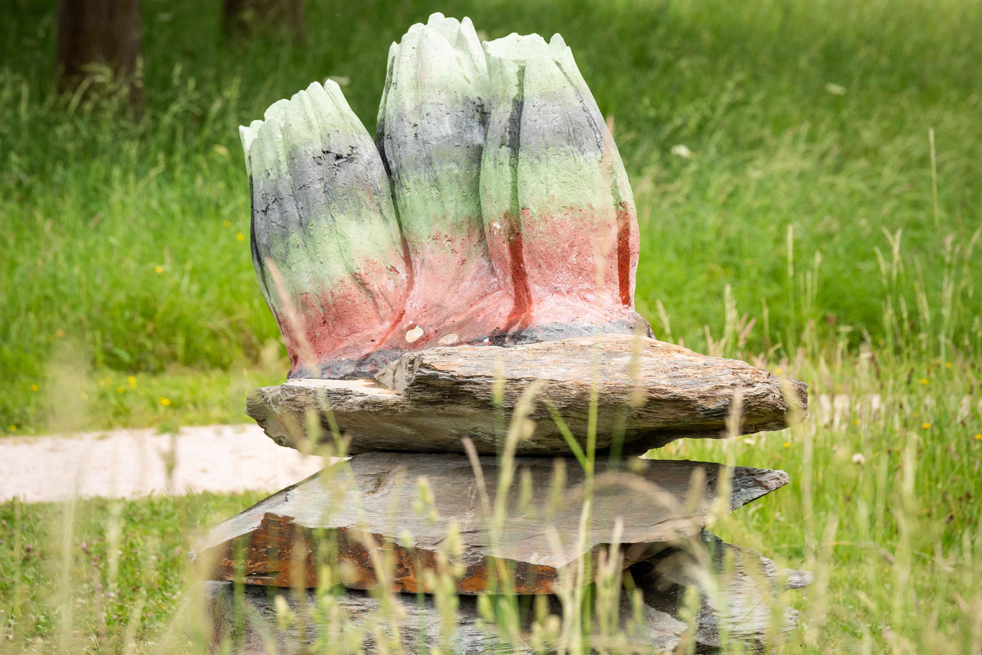 A stack of slate stones with colourful barnacle forms on top of it in amongst a grassy field.