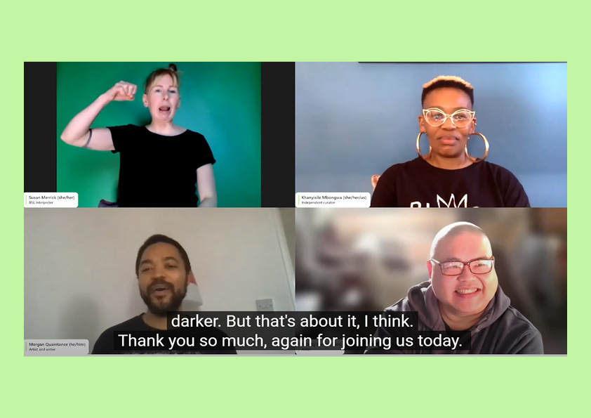 Four people in a grid format on a video platform. The person on the top left is signing using British Sign Language and the other three are smiling and talking.
