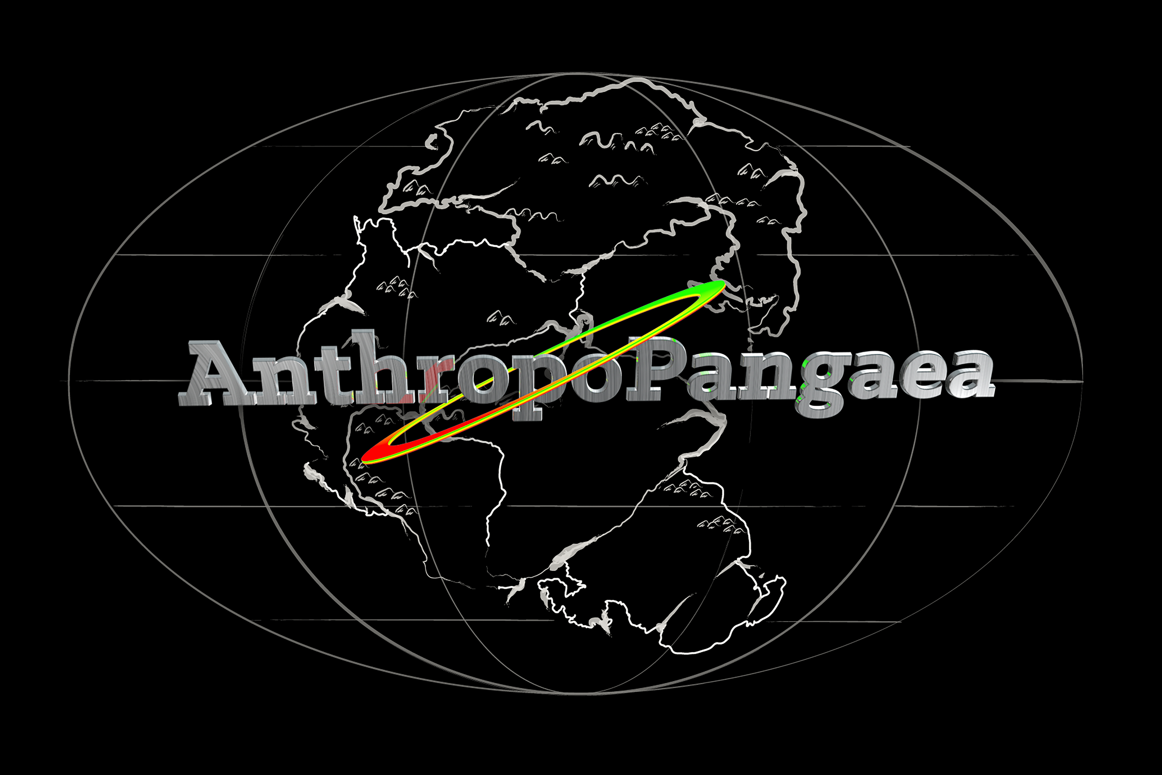A black background with the outline of Pangaea overlaid in white with text that reads "AnthropoPangaea" surrounded by a colourful gradient halo.