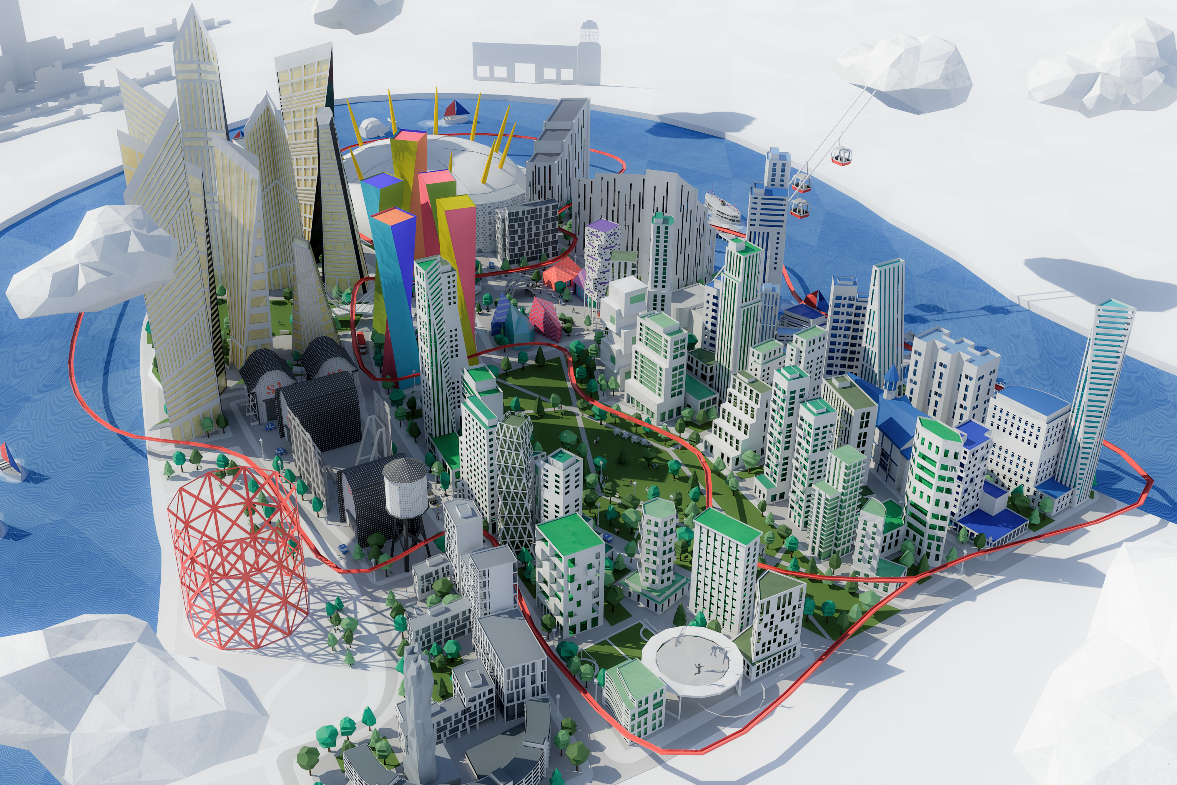 Digital 3D render of Greenwich Peninsula in London with colourful buildings, green spaces and the thames.