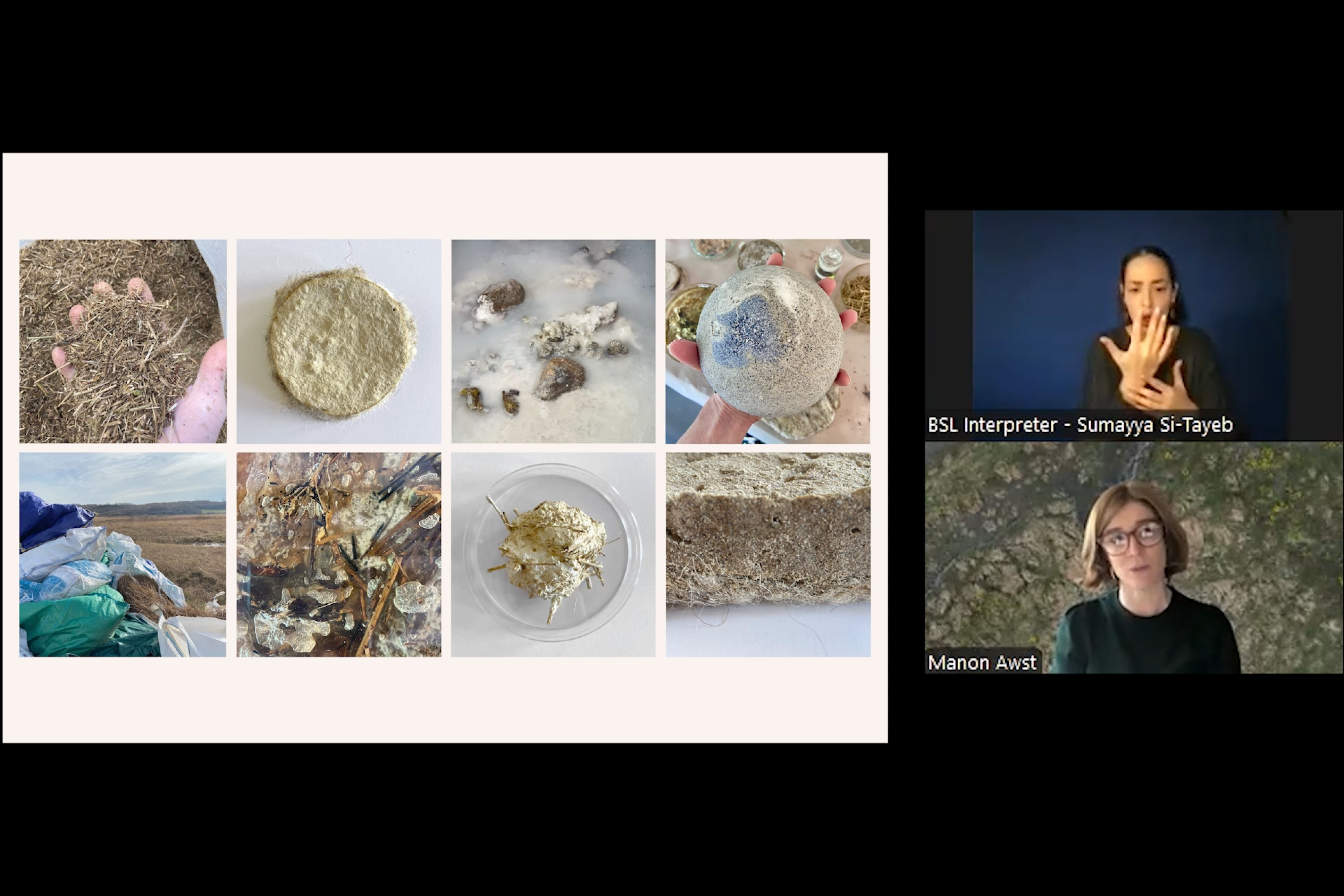 Two people on a zoom call. The image next to them is a gallery of different material explorations.