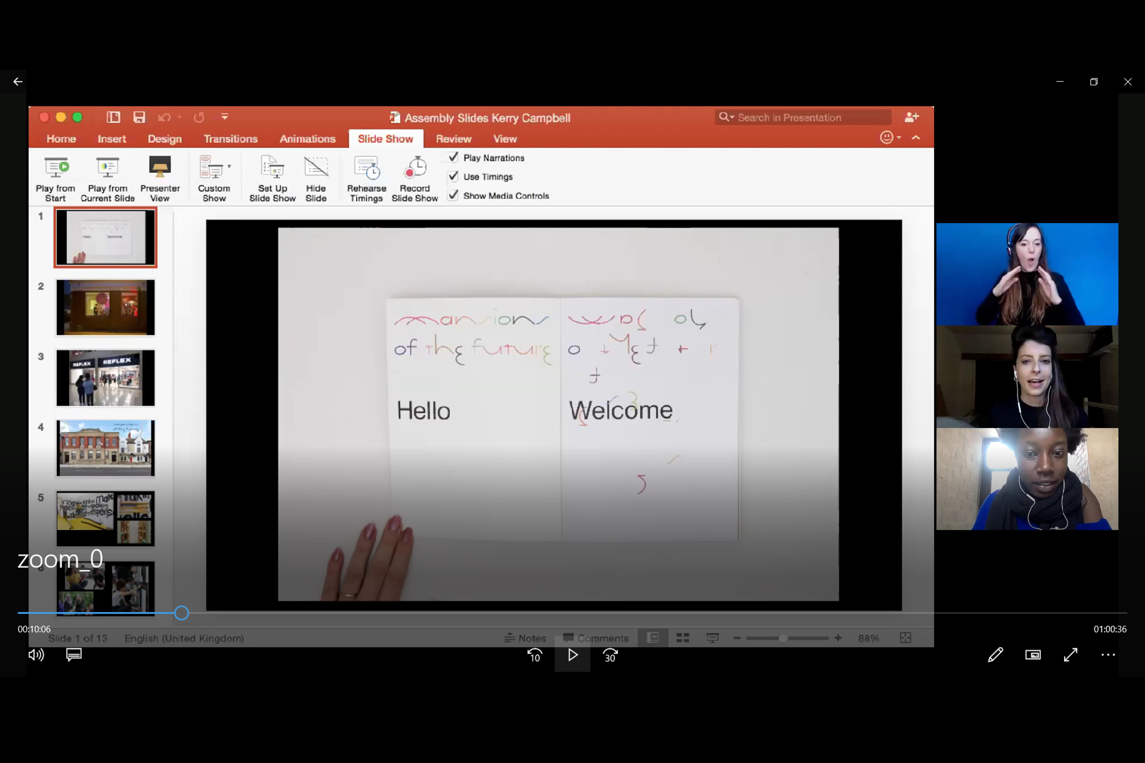 Three people on a zoom call. The image next to them shows a piece of paper that says "hello and welcome".