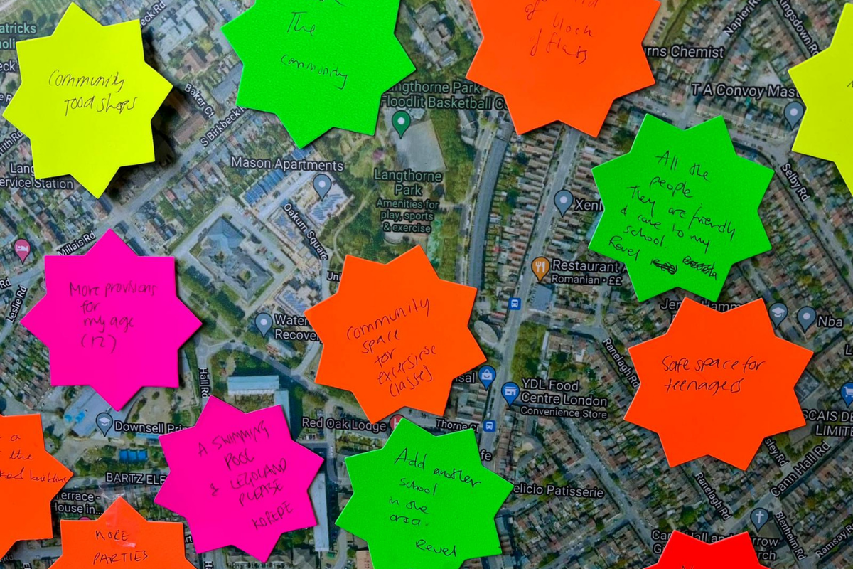A birds-eye view of a large printed map covered in bright green, yellow, orange and pink star shapes post it notes with writing on.