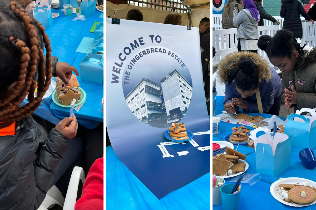 Three images split; a table covered in a blue plastic sheet with a child making a gingerbread house; a blue printed sign that reads “Welcome to the gingerbread estate”; and two children making gingerbread houses surrounded by sweets and cake decorating items.