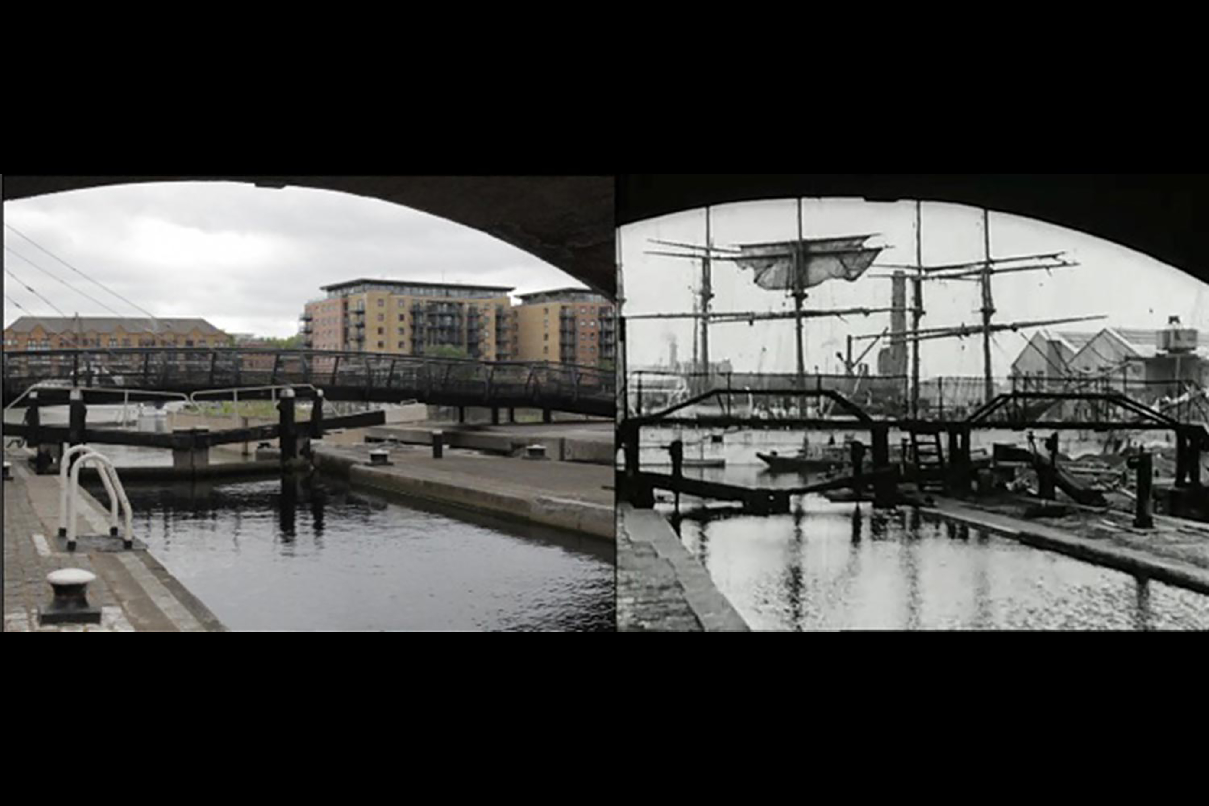 A split photograph of a view from under a bridge looking out onto a dock, showing the same image from two different time periods.