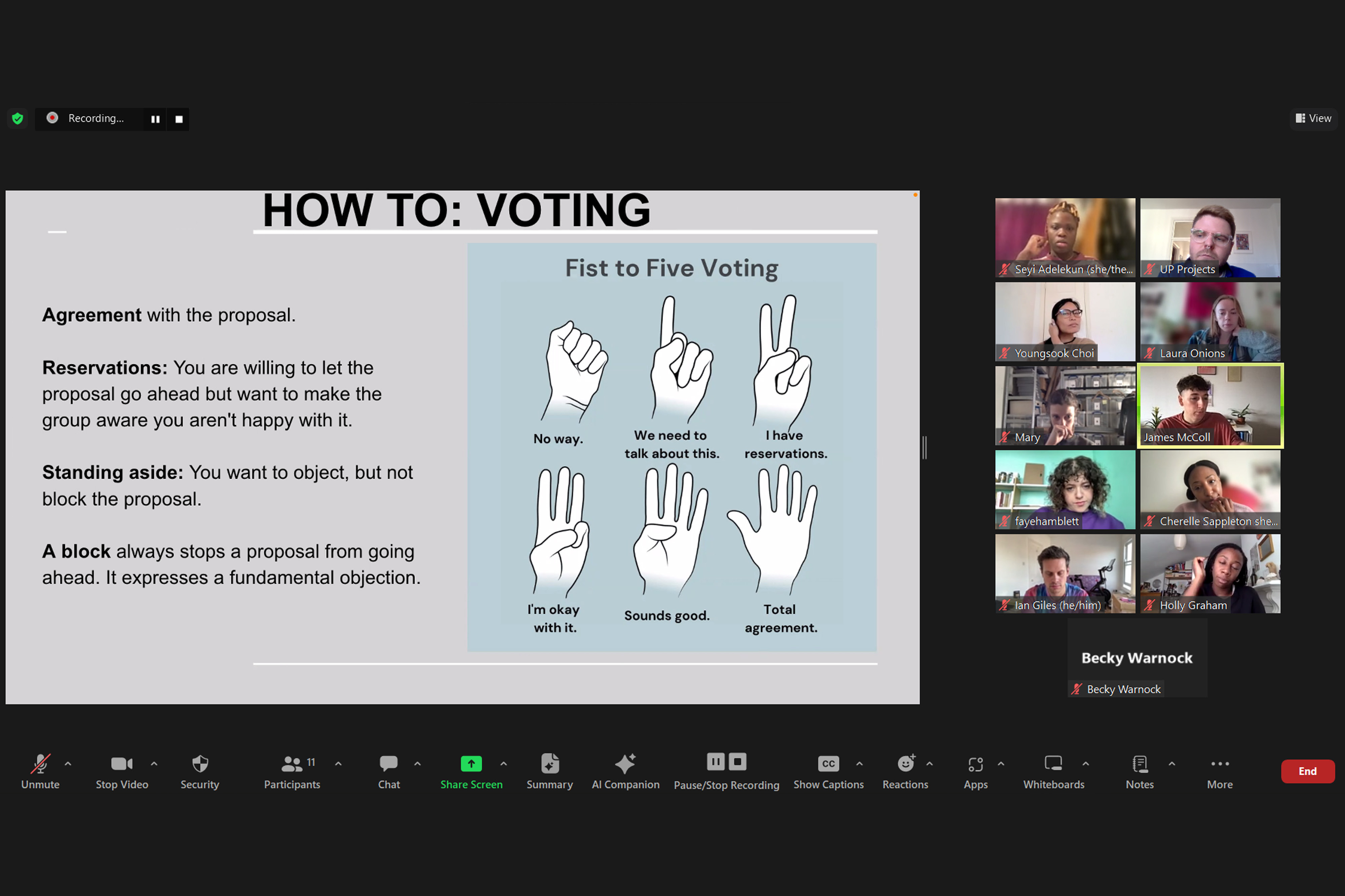 A group of people in a grid format during an online video meeting. They are viewing a screen showing a collection of hand signals and a list of instructions.