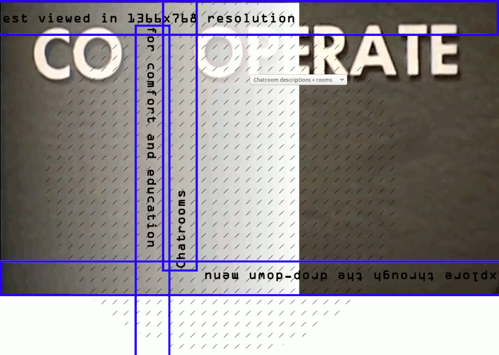 A GIF of a digital computer screen with the words "Co-operate, Work Together, chatrooms, for comfort and education, a grey drop down menu and blue grid lines.