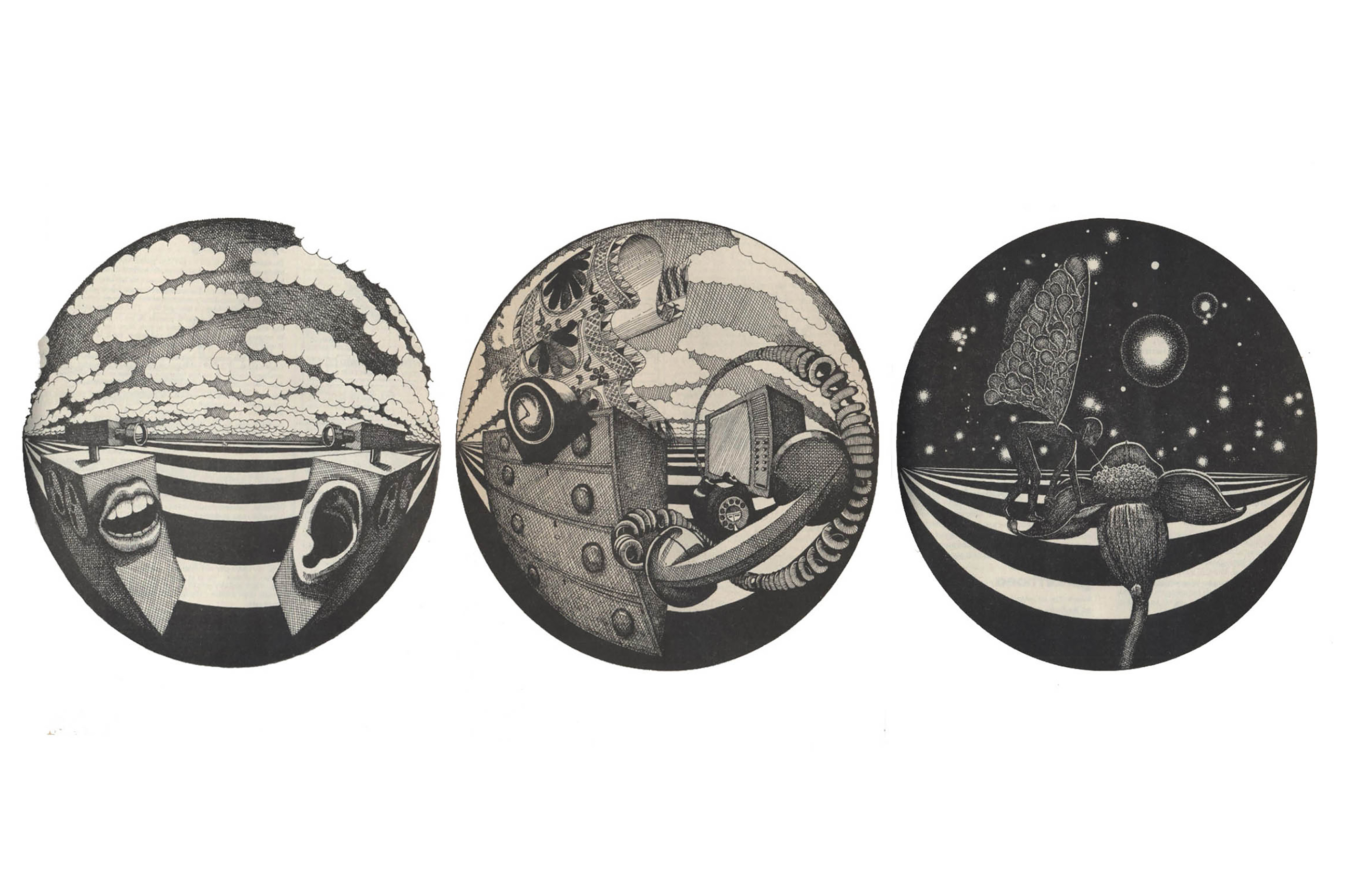 3 black and white spheres containing etching drawings: one with a Dali-style street and clouds, a machinery scene with a carpet and telephone, and a night-time street scene on a white background.