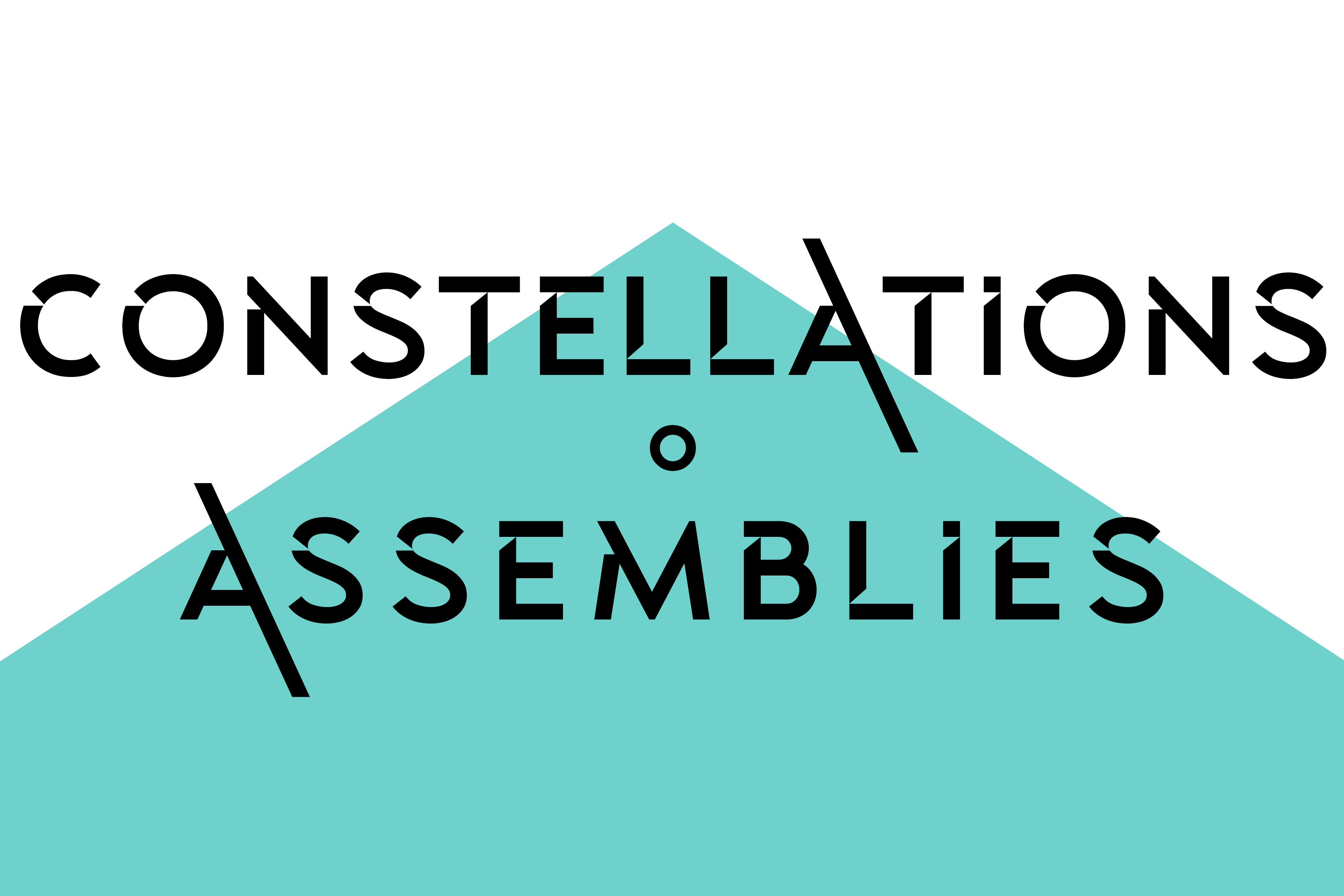 A blue triangle graphic overlaid with black words saying "Constellations [dot] Assemblies” on a white background.