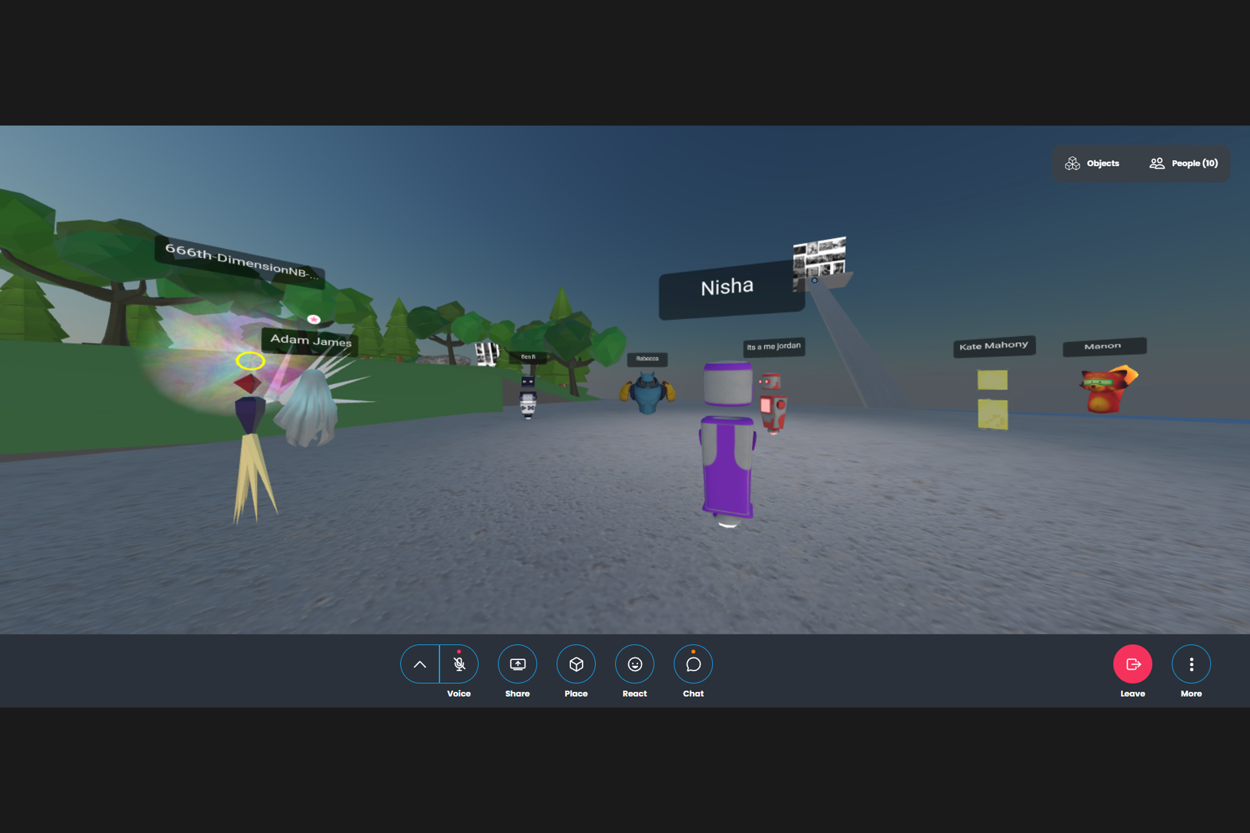 A digital two-dimensional platform consisting of a large green patch of ground, next to a large blue patch of water, and a large black and white photograph grid, with several digital avatars around