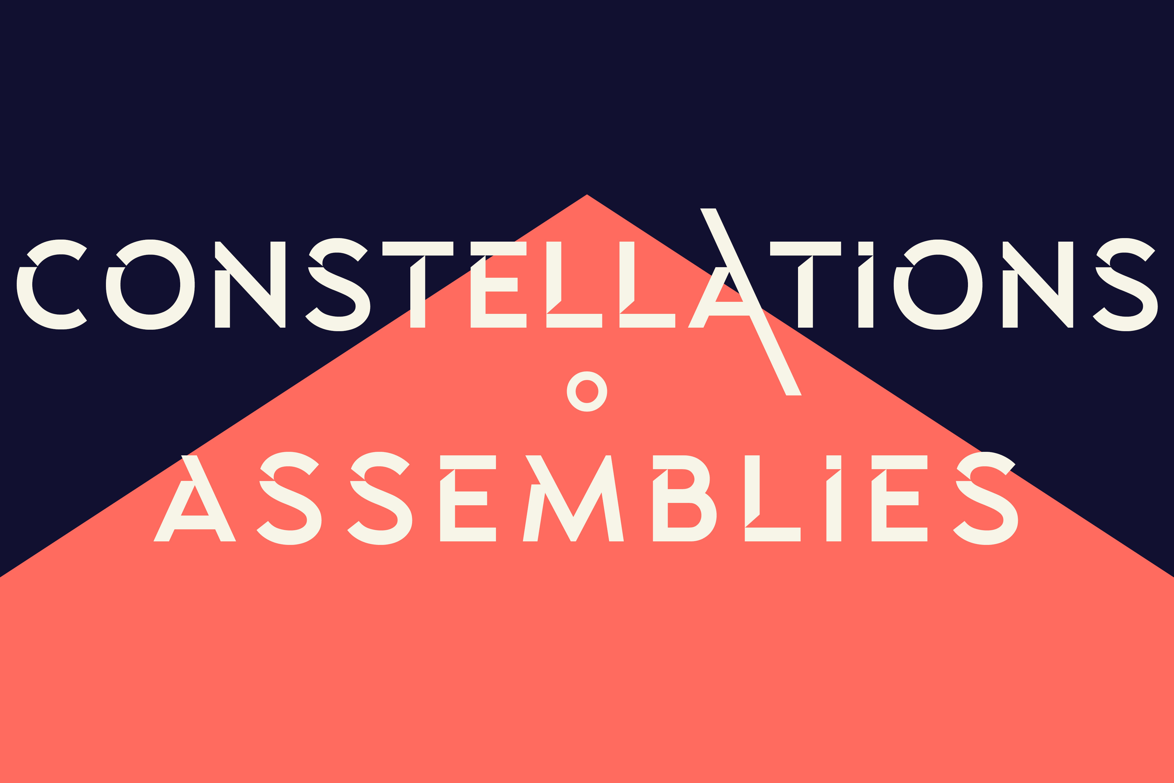 A red triangle graphic overlaid with white words saying "Constellations [dot] Assemblies” on a dark navy background.