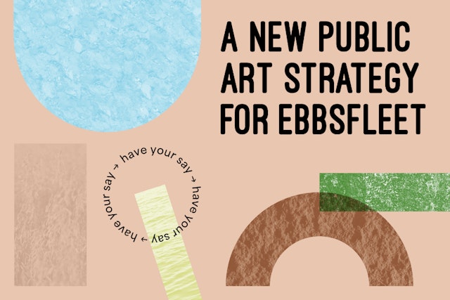 A group of patterned colourful shapes against a pink background with the words “A new public art strategy for Ebbsfleet” in black writing.