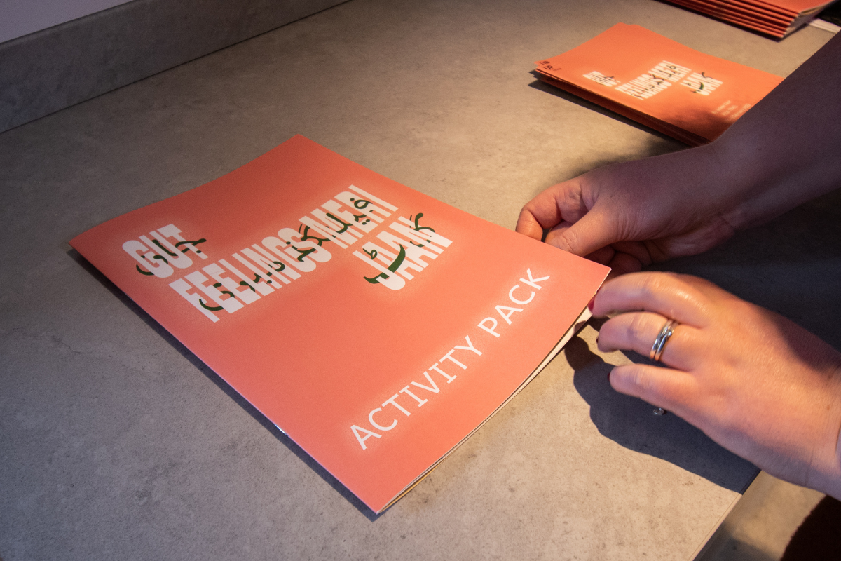 A pink booklet that reads “Gut Feelings Meri Jaan Activity Pack” on a grey table being read by someone.