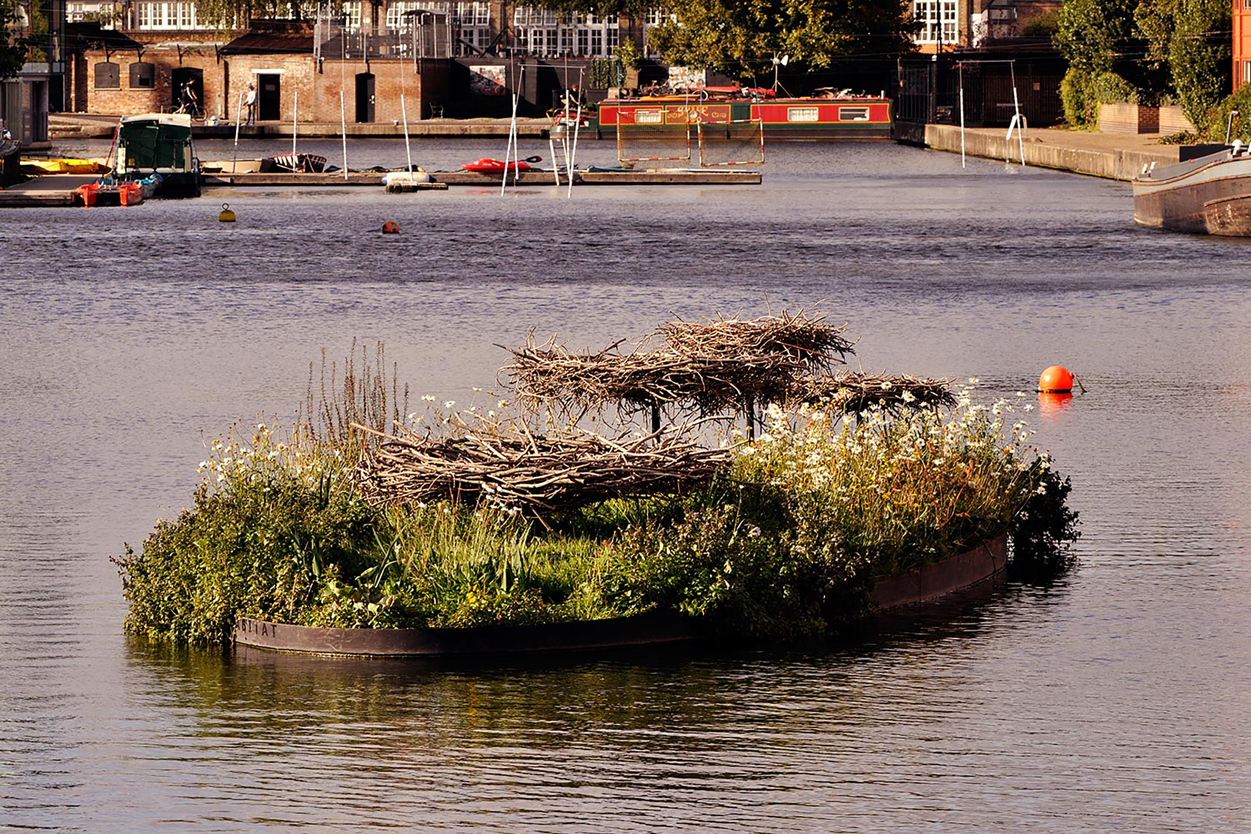 A small patch of grass with white flowers and raised circles of twigs floating on a small canal of water surrounding by stone steps and dark brick buildings.