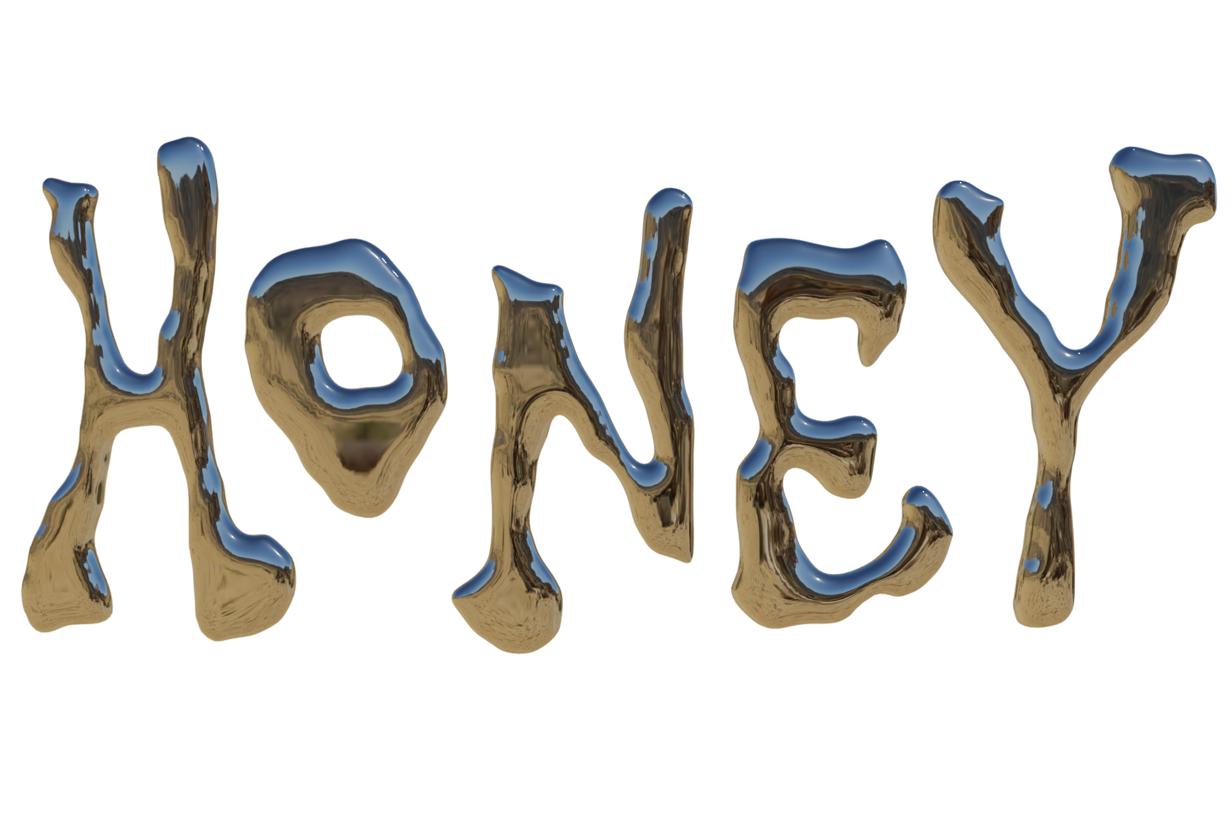 A digital render of the word “Honey” in a shiny metallic form.