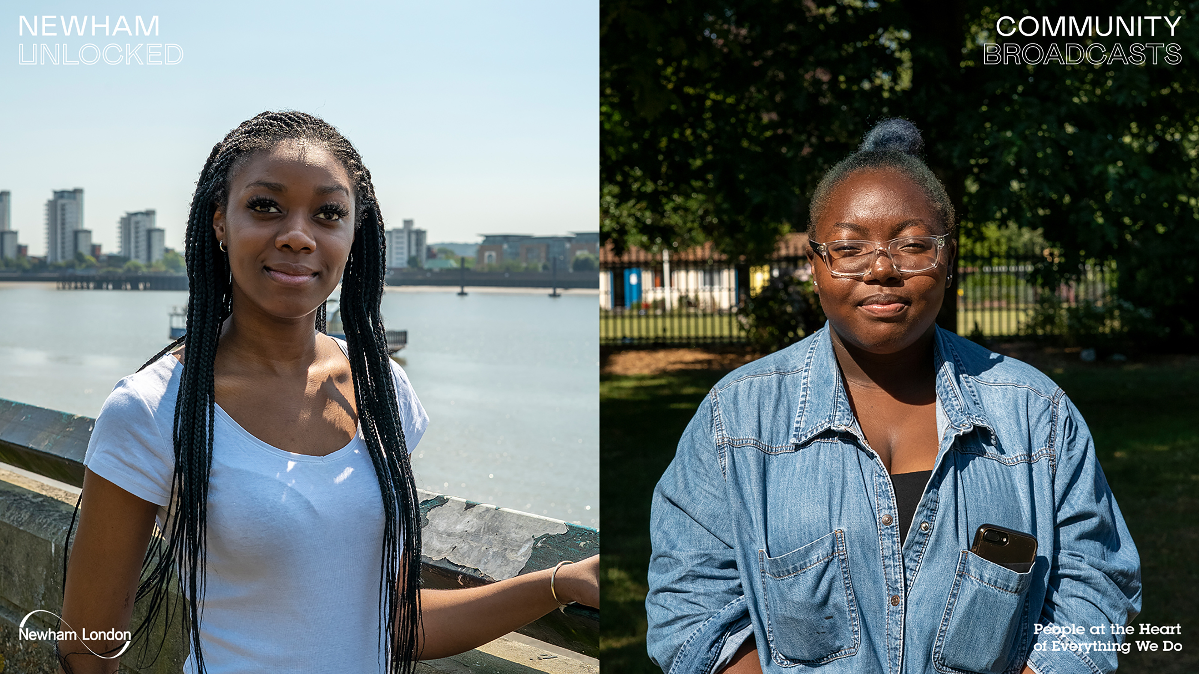 An evenly split photograph of two black woman, one on the left stood in front of a river and one on the right stood in front of a park.