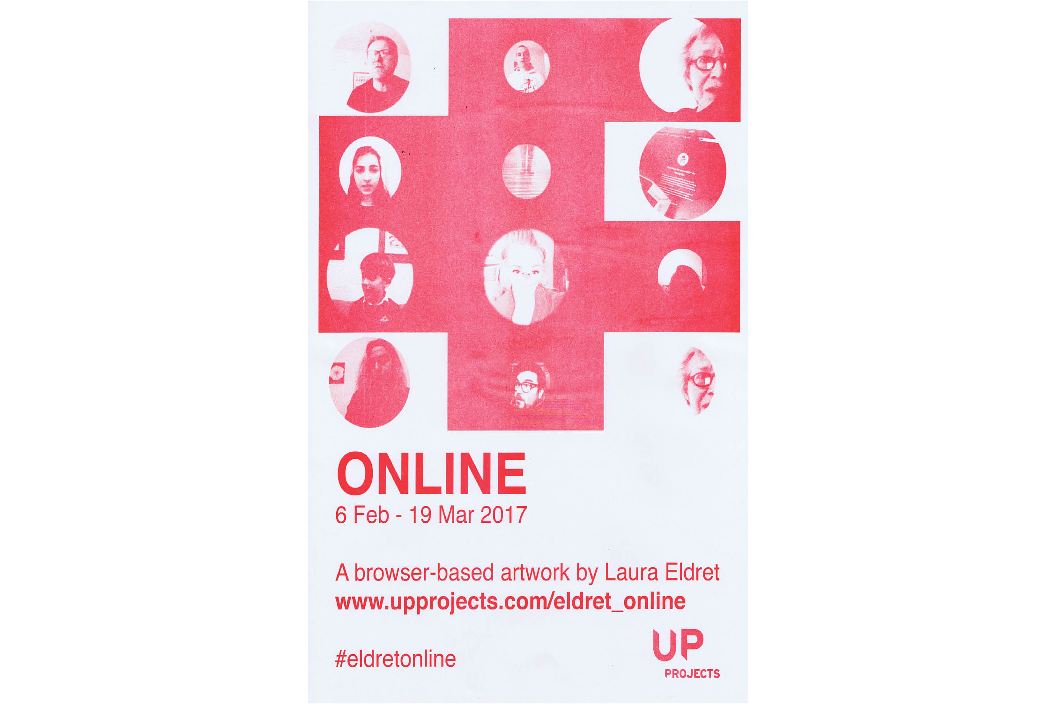 A red and white pop art style poster collage of various photographs of online speakers’ portraits.