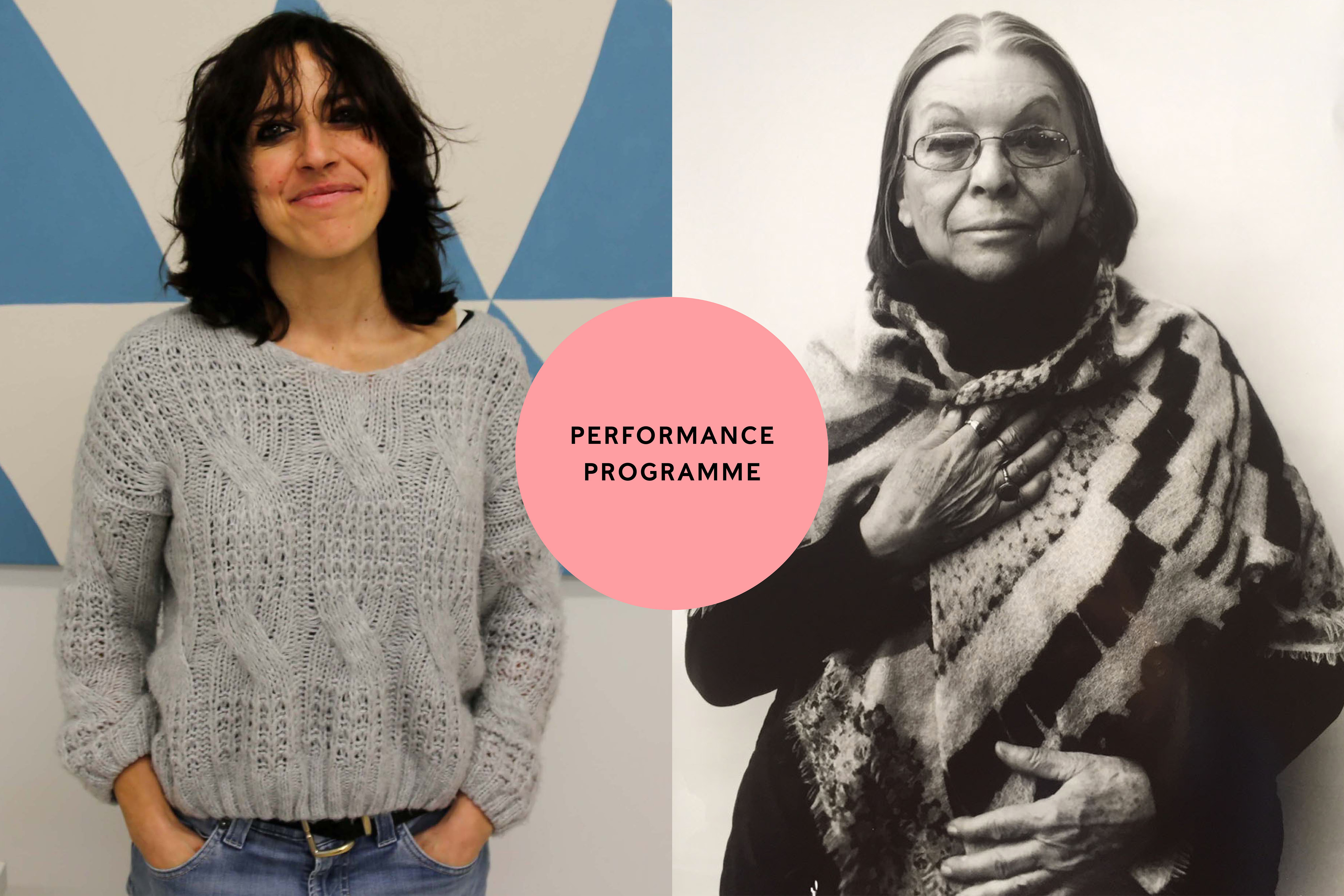 Two headshots side-by-side with a pink circle on top with the words "Performance Programme". The left shows a woman in black and white wearing a patterned scarf. The right shows a woman wearing a grey jumper in front of blue and white painted wall.