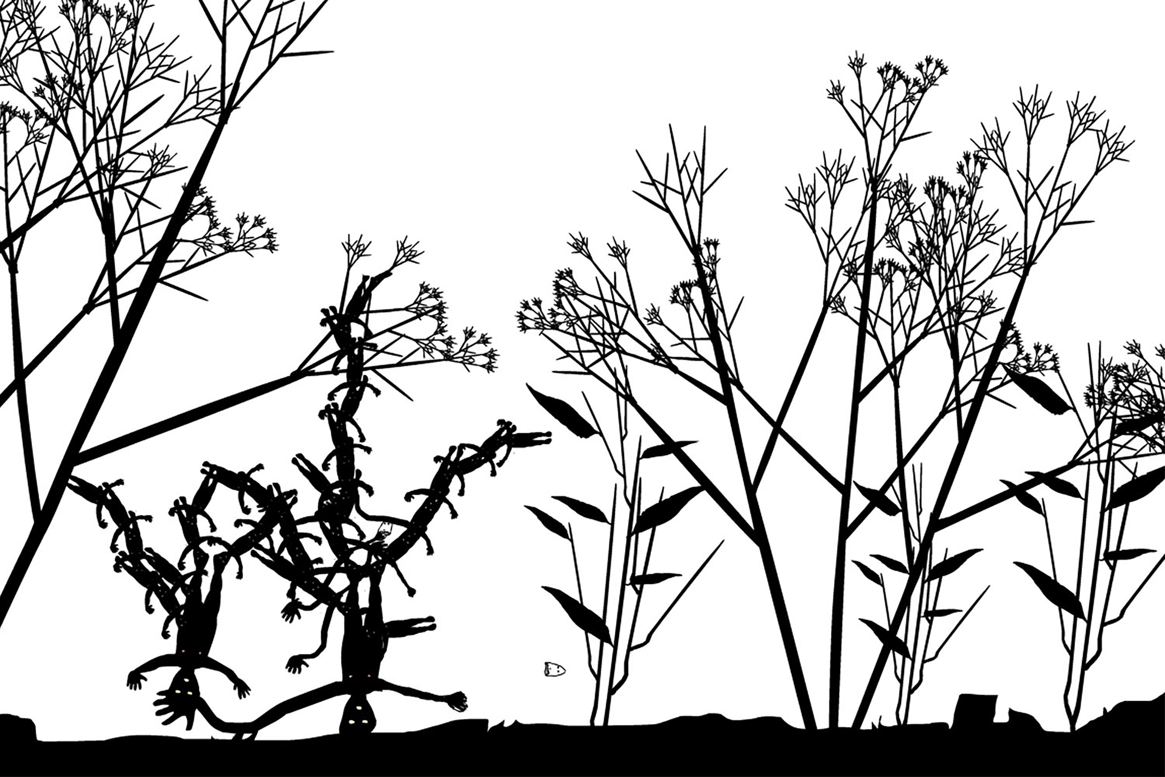 An abstract black and white illustration of a row of plants in a field with small people around.