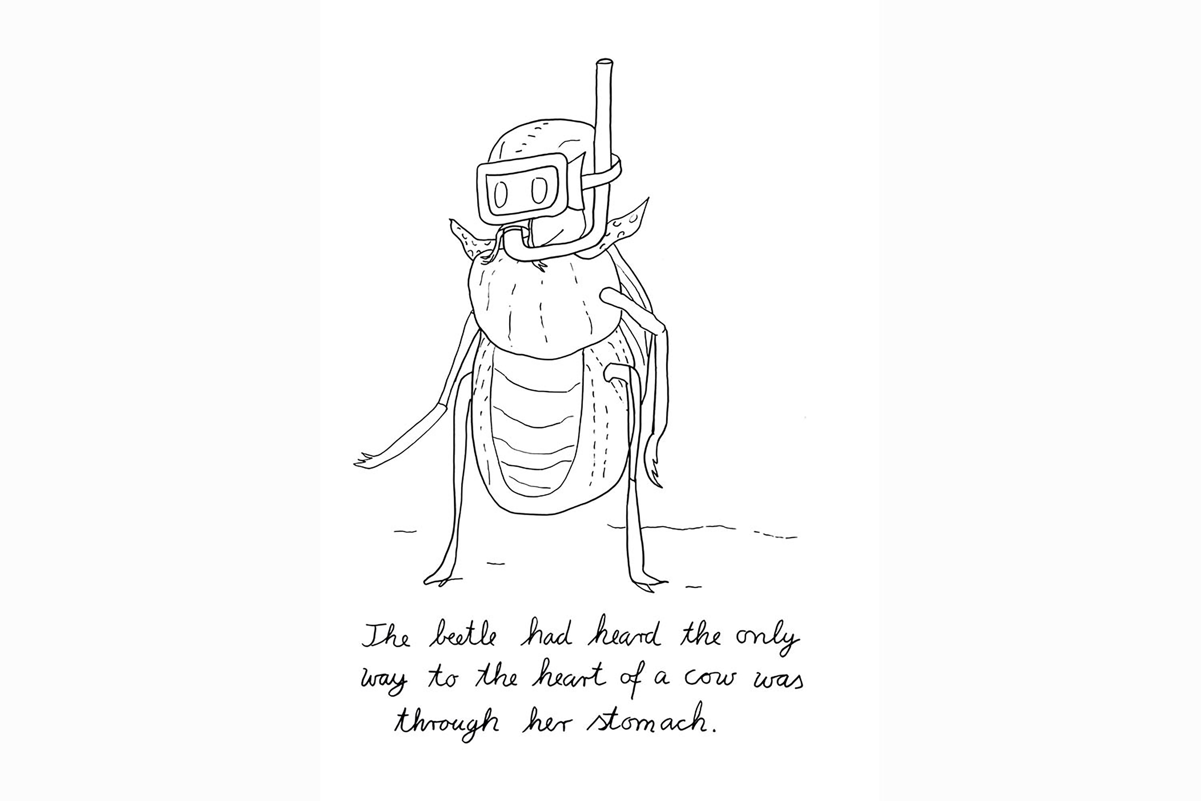 An abstract black and white illustration of a beetle wearing snorkelling gear with the words “The beetle had heard the only way to the heart of a cow was through her stomach”.