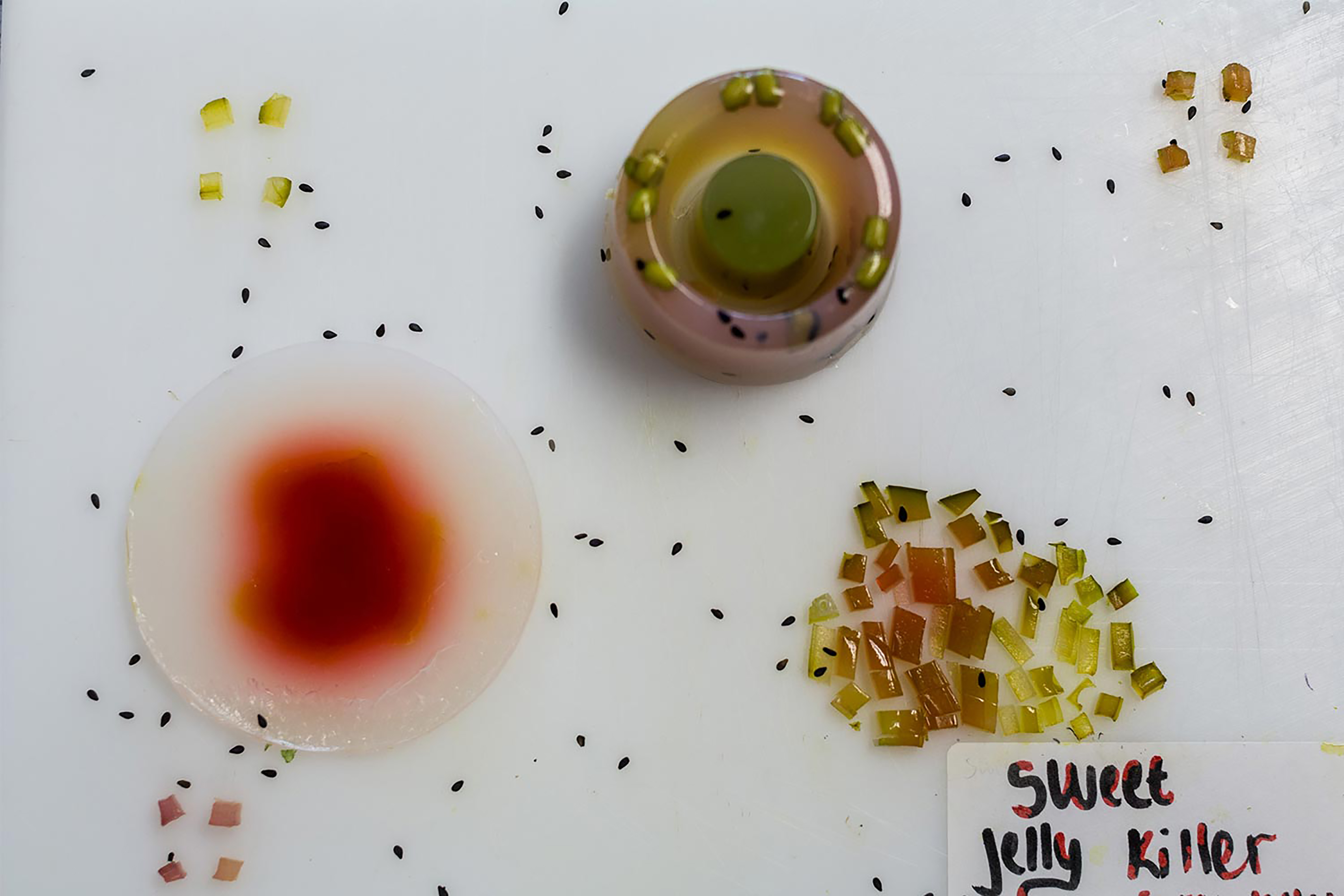 Black seeds and colourful red and brown plastics scattered on top of white table.