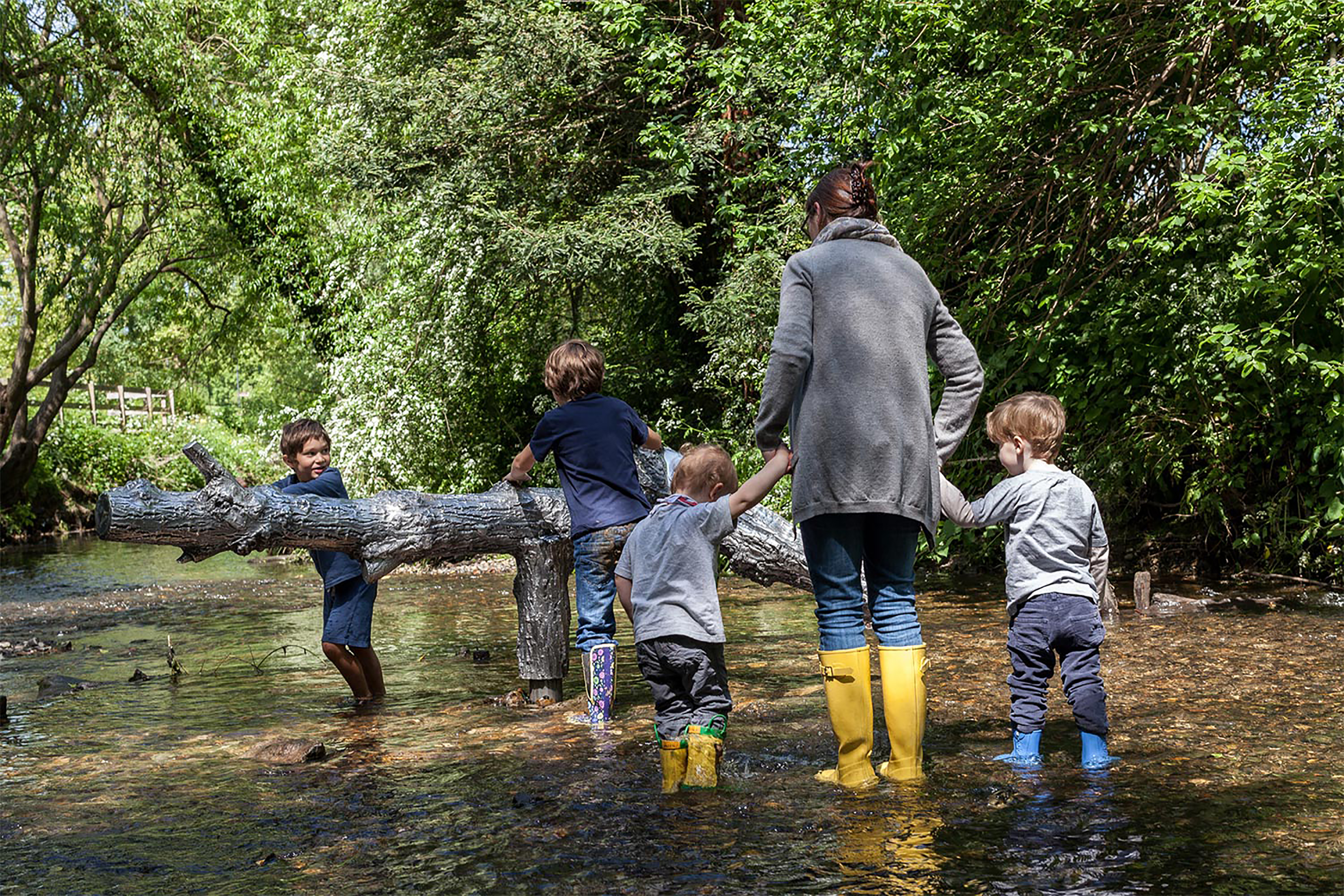 A woman and four children wearing wellies standing near a large artificial log in a stream surrounded by woodland.