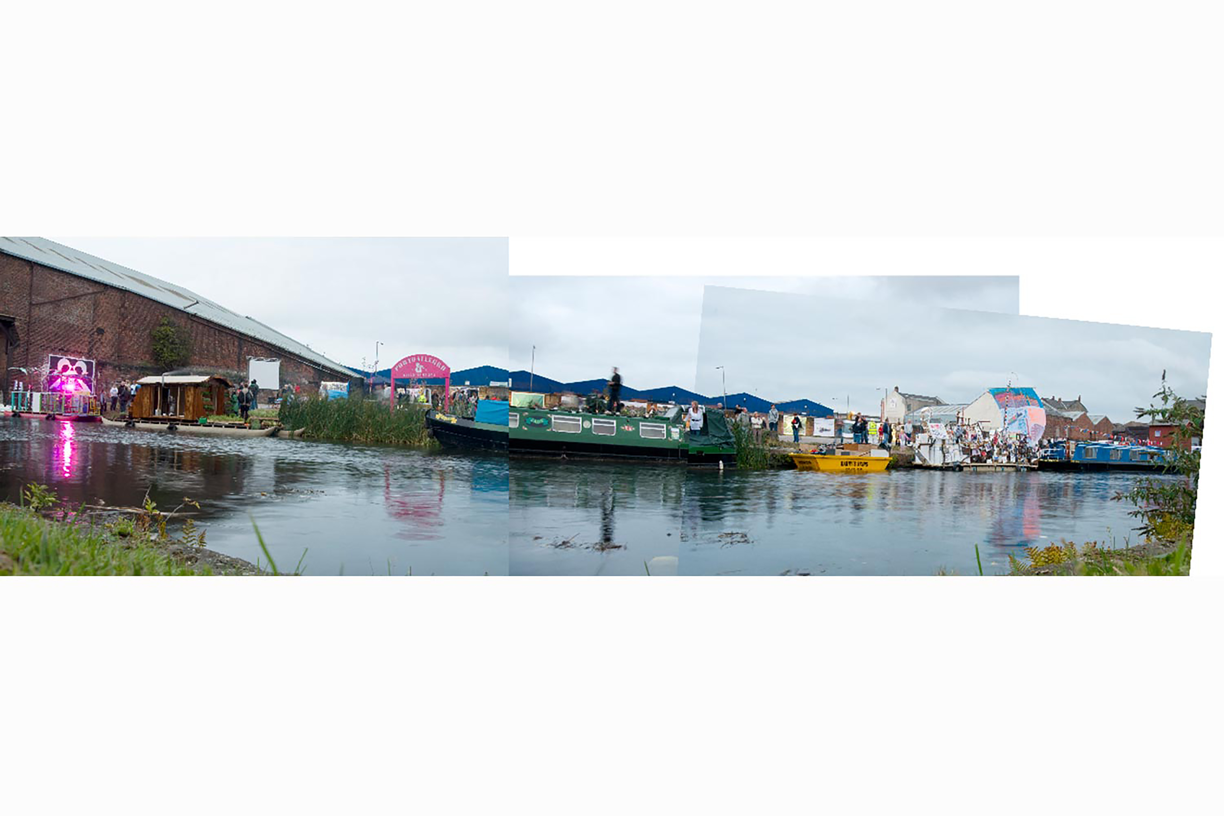 A collage of photographs assembling to form one photograph of a canal parade.