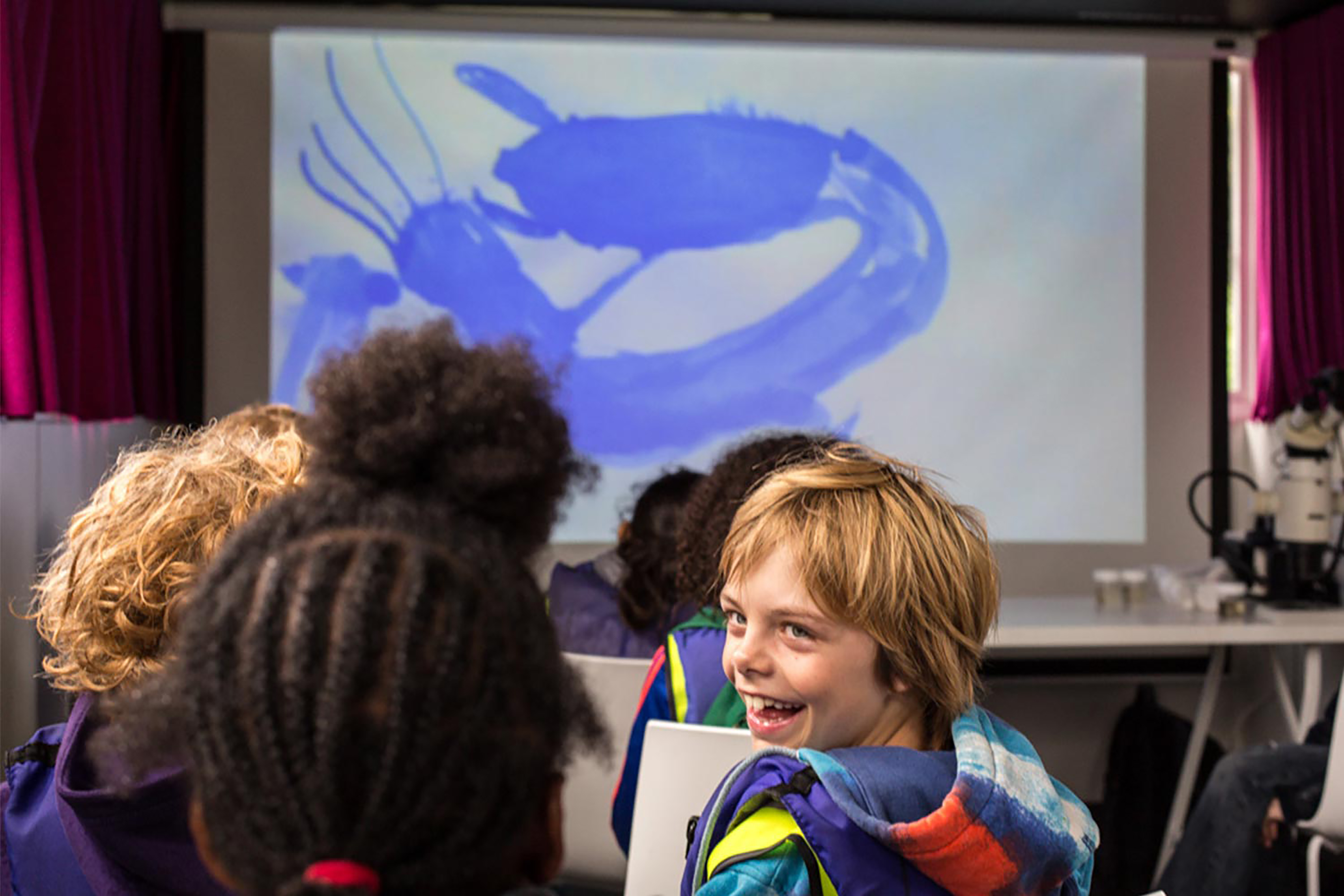 A young boy wearing a coat smiling whilst the class looks at paintings projected on a white sheet.